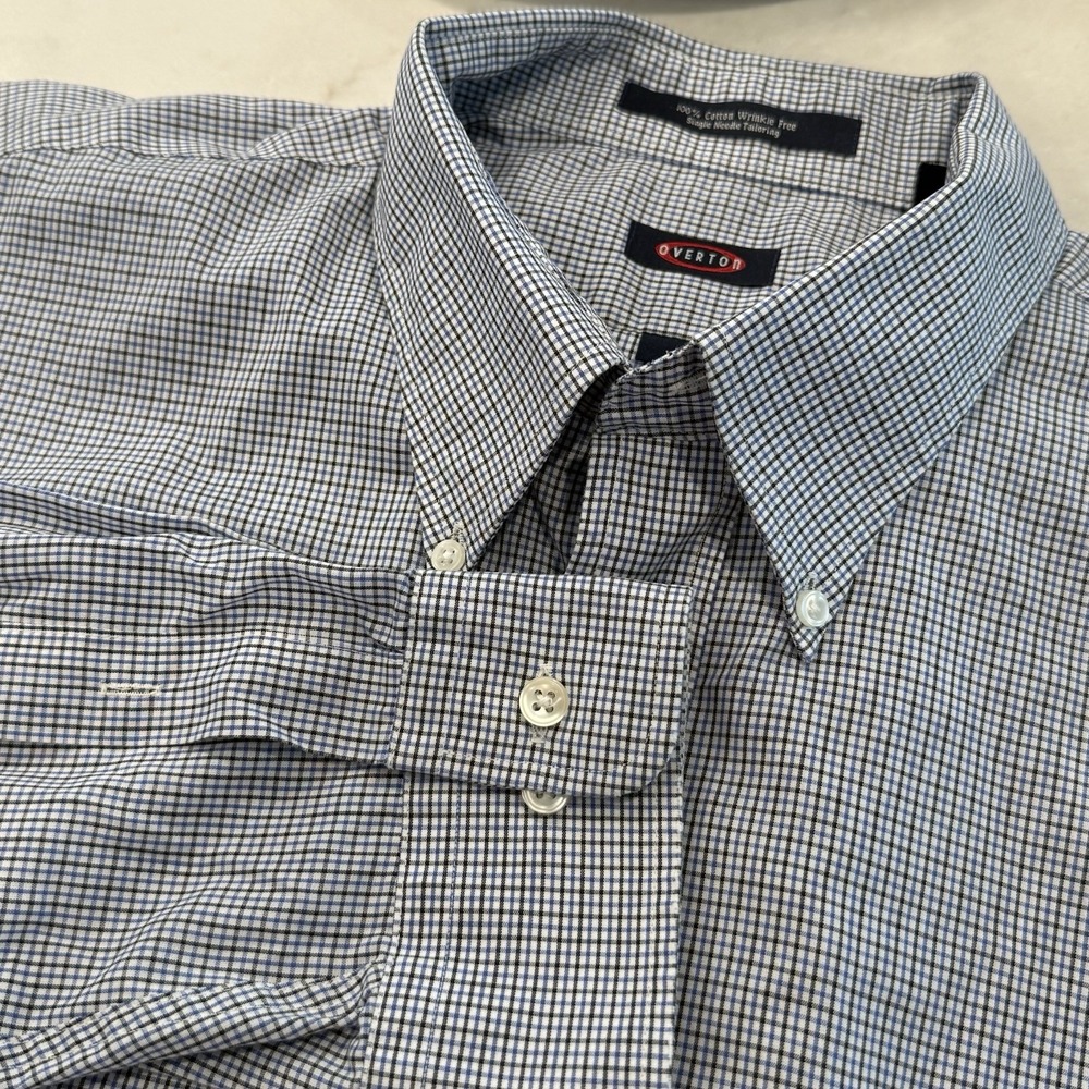 Overton Men's XL Blue White Check Button Down Shirt Cotton Wrinkle Free